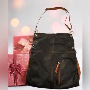 Vera Pelle Black & Chestnut Brown Italian Leather Crossbody Shoulder Bag